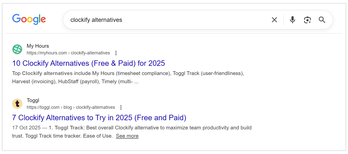 Clockify-Alternativen SERP